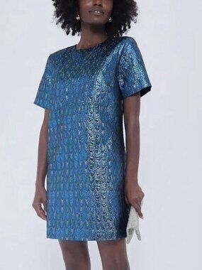 NEW Pomander Place Blue Pavo Jacquard Mae Mini Dress Peacock Sparkle Sz Large